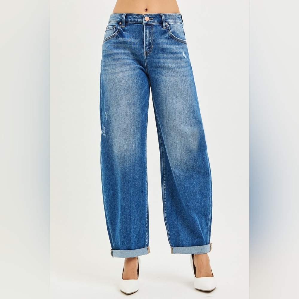 RISEN Mid Rise Dark Wash Barrel Jeans Double Roll Cuffed Full Length Various NEW - Picture 6 of 15
